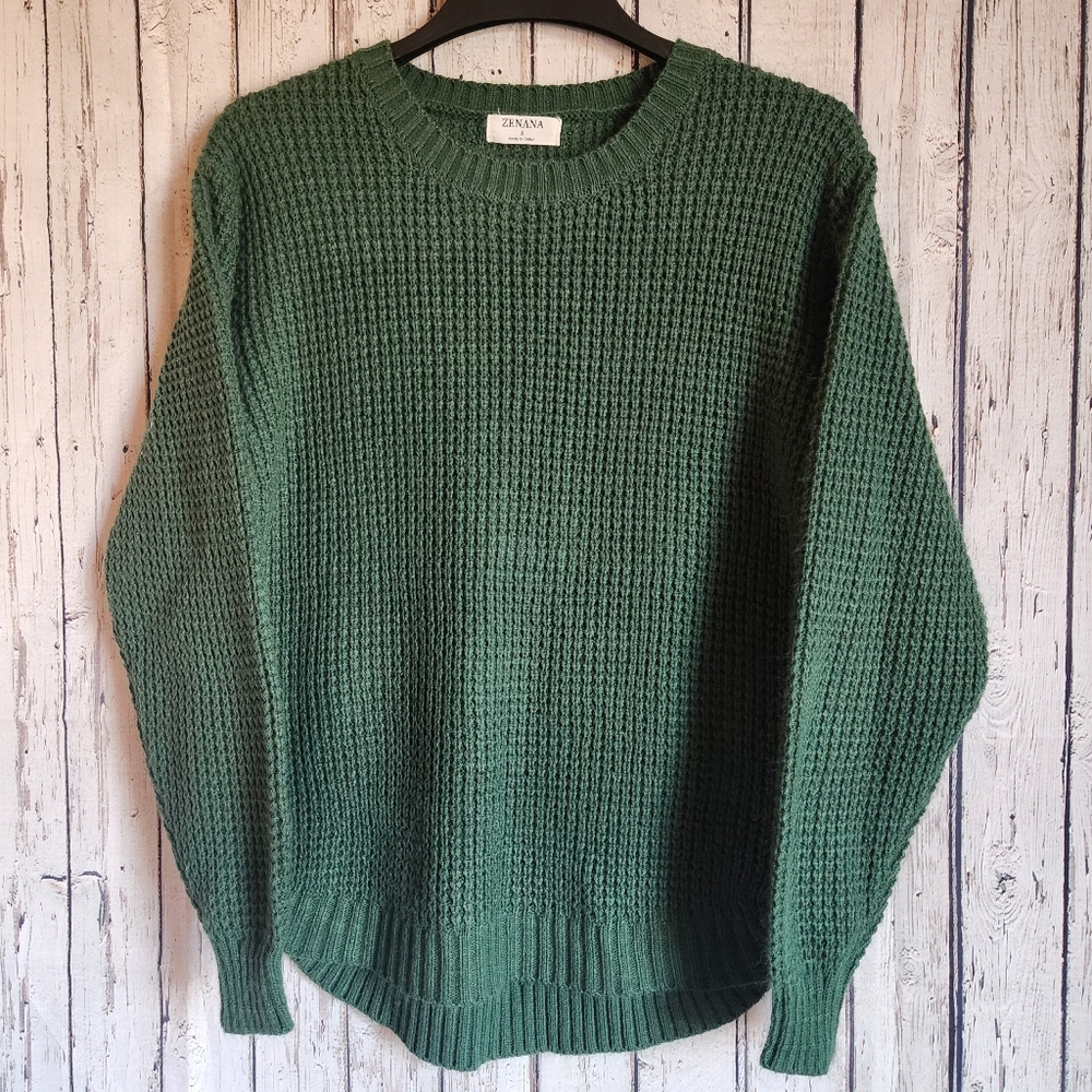 Zenana Women’s Waffle Knit Sweater Size Small Hunter Forest Green Grandpa
